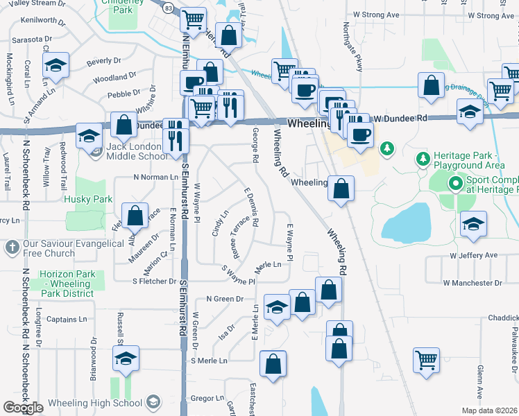 map of restaurants, bars, coffee shops, grocery stores, and more near 212 George Road in Wheeling