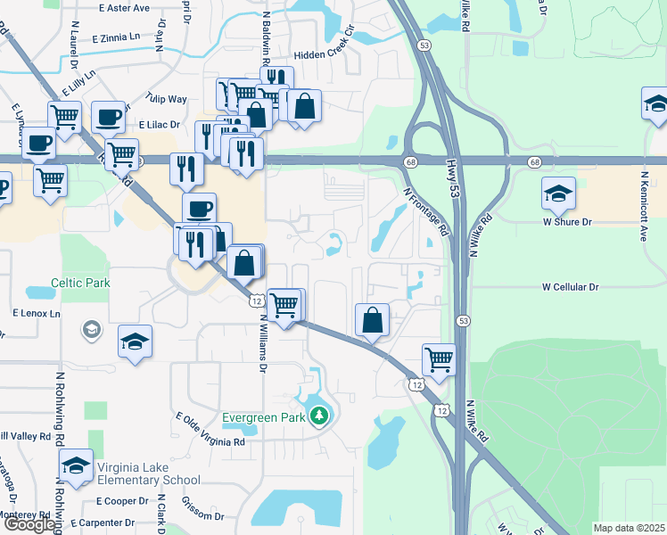 map of restaurants, bars, coffee shops, grocery stores, and more near 1487 East Ports O Call Drive in Palatine