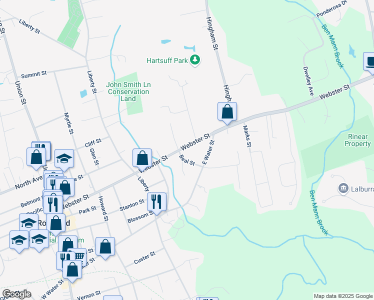 map of restaurants, bars, coffee shops, grocery stores, and more near 319 Webster Street in Rockland