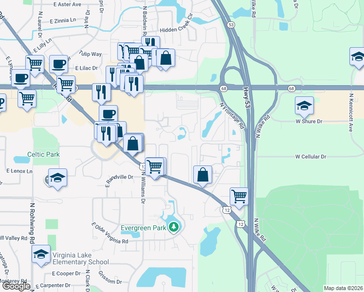 map of restaurants, bars, coffee shops, grocery stores, and more near 1487 East Ports O Call Drive in Palatine