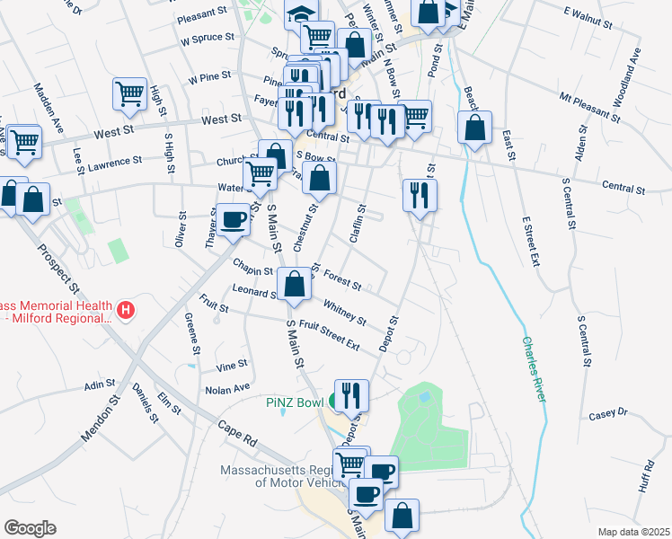 map of restaurants, bars, coffee shops, grocery stores, and more near 29 Forest Street in Milford