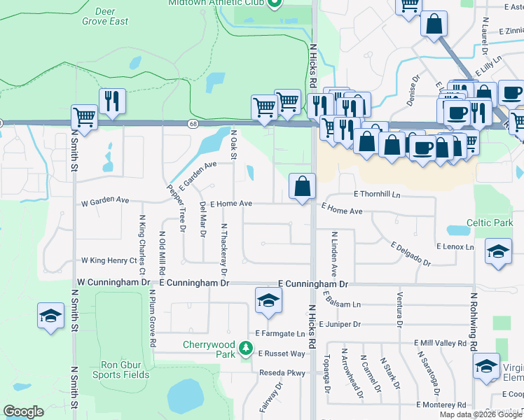 map of restaurants, bars, coffee shops, grocery stores, and more near 163 East Home Avenue in Palatine