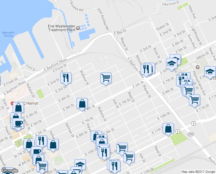 map of restaurants, bars, coffee shops, grocery stores, and more near 600 East 5th Street in Erie