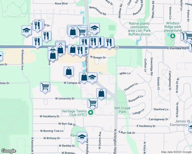 map of restaurants, bars, coffee shops, grocery stores, and more near 3295 North Arlington Heights Road in Arlington Heights