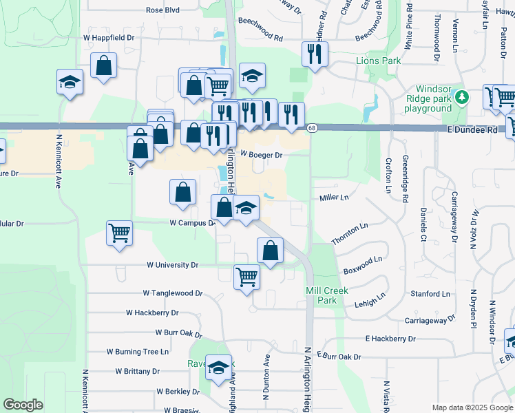 map of restaurants, bars, coffee shops, grocery stores, and more near 3295 North Arlington Heights Road in Arlington Heights