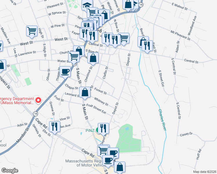 map of restaurants, bars, coffee shops, grocery stores, and more near 40 Forest Street in Milford