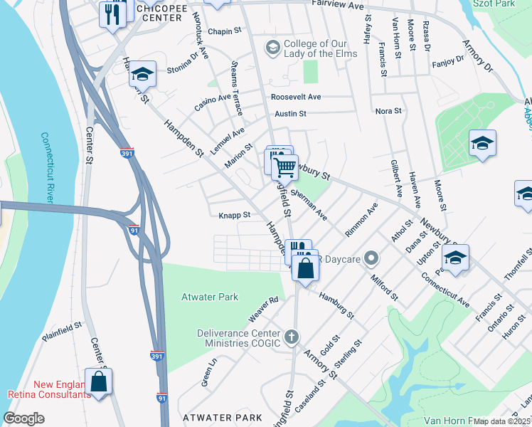 map of restaurants, bars, coffee shops, grocery stores, and more near 23 Atwater Street in Chicopee
