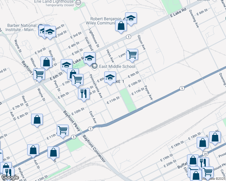 map of restaurants, bars, coffee shops, grocery stores, and more near 933 Fulton Street in Erie