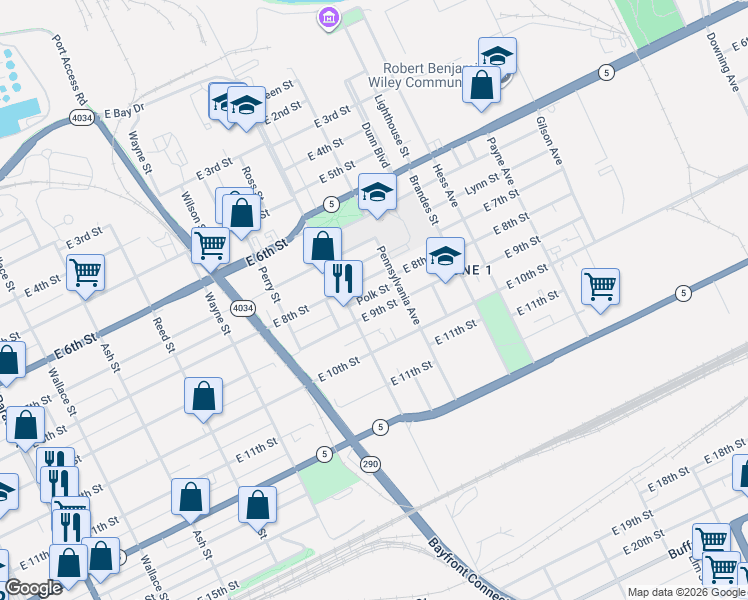 map of restaurants, bars, coffee shops, grocery stores, and more near 835 East Avenue in Erie