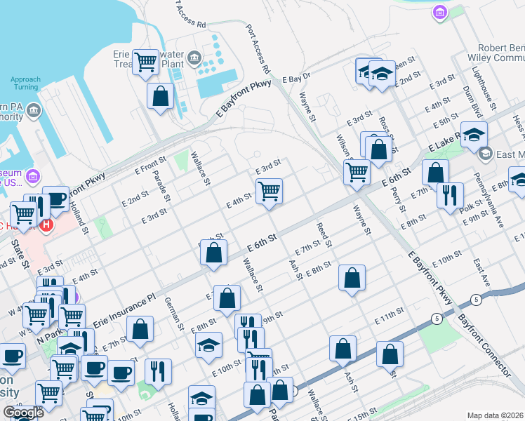 map of restaurants, bars, coffee shops, grocery stores, and more near 553 East 5th Street in Erie