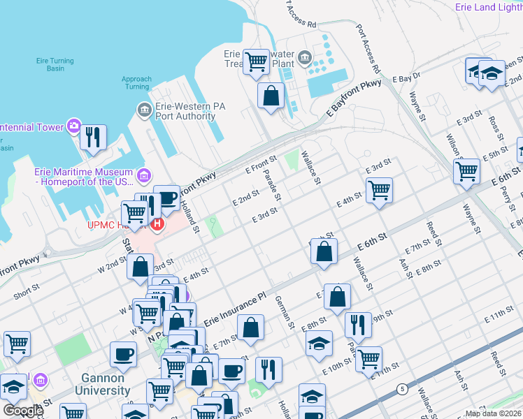 map of restaurants, bars, coffee shops, grocery stores, and more near 316 East 3rd Street in Erie
