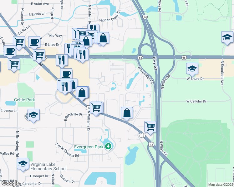 map of restaurants, bars, coffee shops, grocery stores, and more near 1487 East Ports O Call Drive in Palatine
