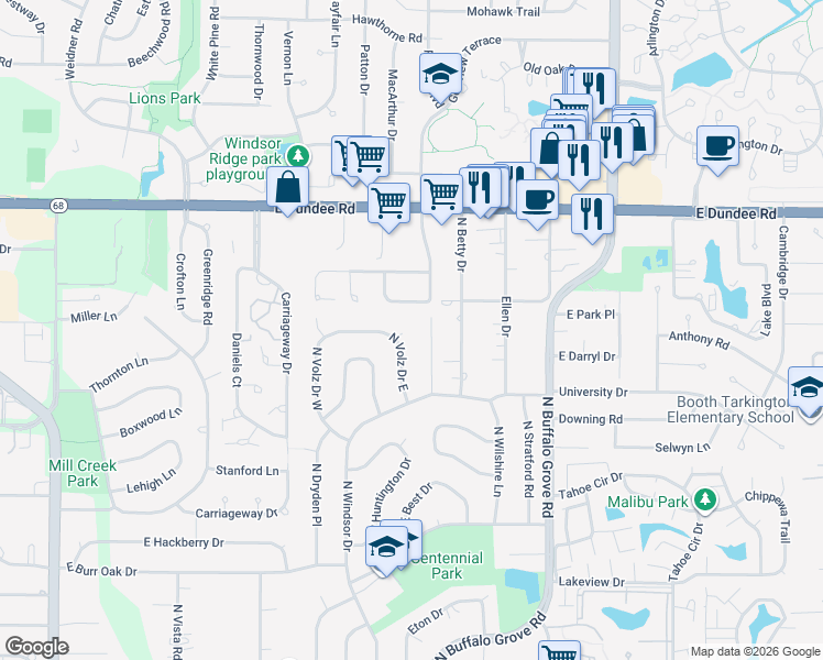 map of restaurants, bars, coffee shops, grocery stores, and more near 3266 North Windsor Drive in Arlington Heights
