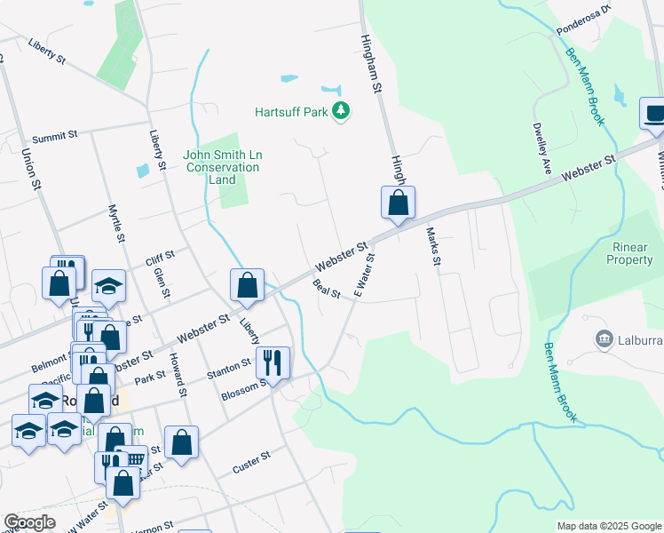 map of restaurants, bars, coffee shops, grocery stores, and more near 319 Webster Street in Rockland