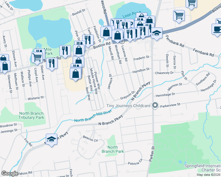 map of restaurants, bars, coffee shops, grocery stores, and more near 45 Bruce Street in Springfield