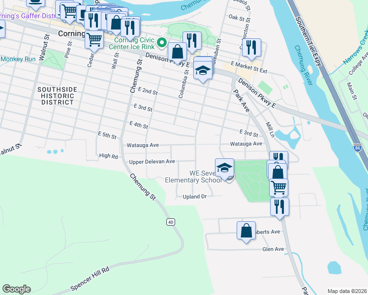 map of restaurants, bars, coffee shops, grocery stores, and more near 268 Watauga Avenue in Corning