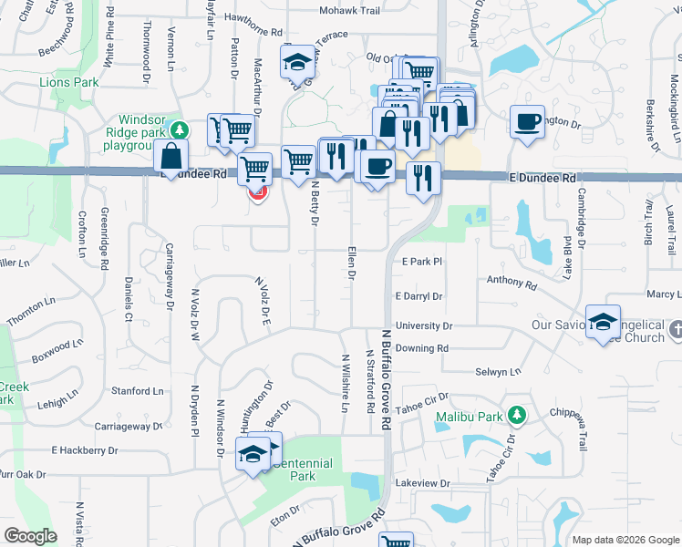 map of restaurants, bars, coffee shops, grocery stores, and more near 3212 North Ellen Drive in Arlington Heights
