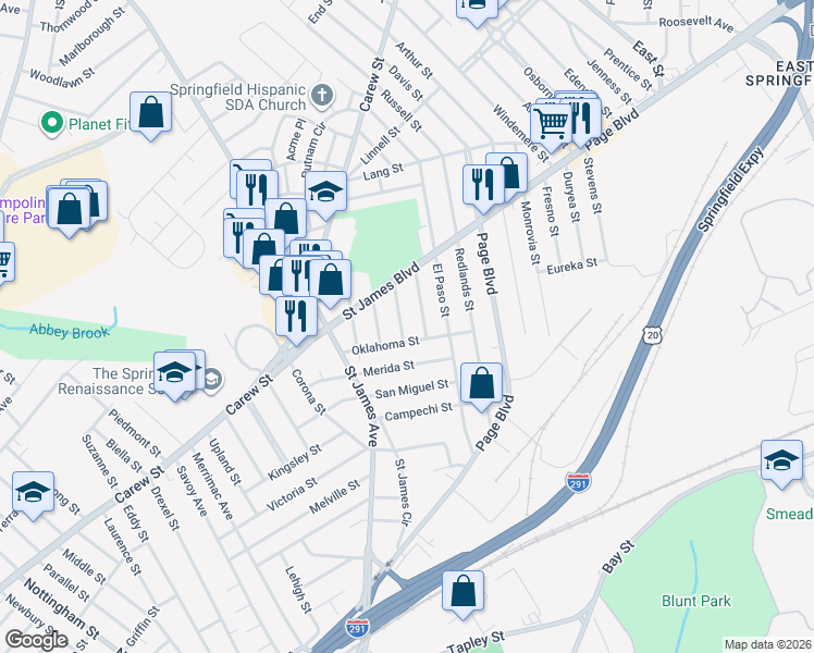 map of restaurants, bars, coffee shops, grocery stores, and more near 117 Oklahoma Street in Springfield