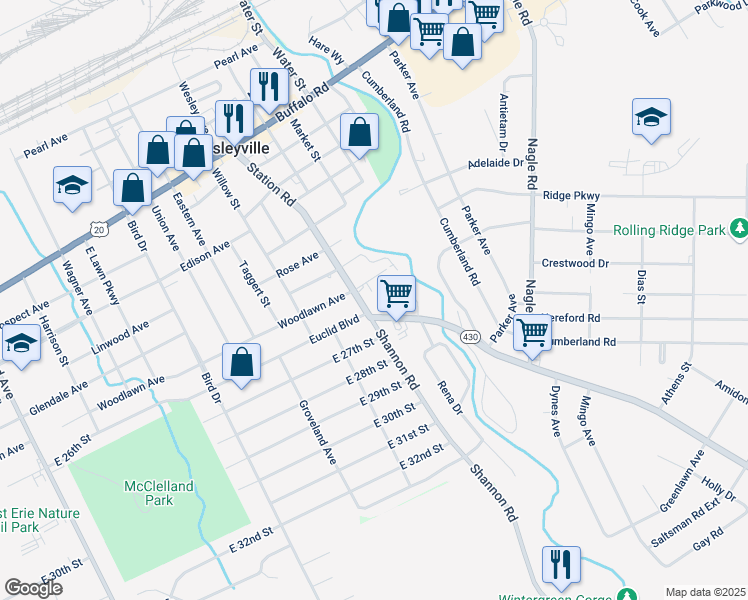 map of restaurants, bars, coffee shops, grocery stores, and more near 2617 Station Rd in Erie