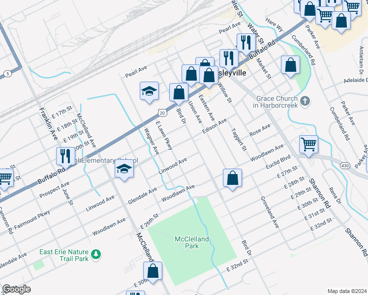 map of restaurants, bars, coffee shops, grocery stores, and more near 2616 Linwood Avenue in Erie