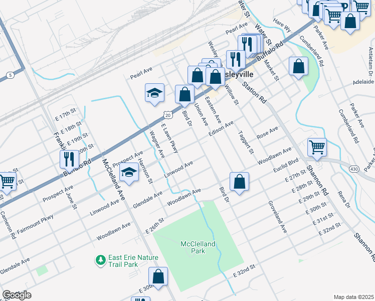 map of restaurants, bars, coffee shops, grocery stores, and more near 2616 Linwood Avenue in Erie