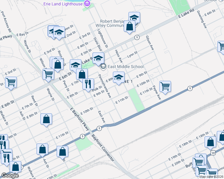 map of restaurants, bars, coffee shops, grocery stores, and more near 1112 East 10th Street in Erie