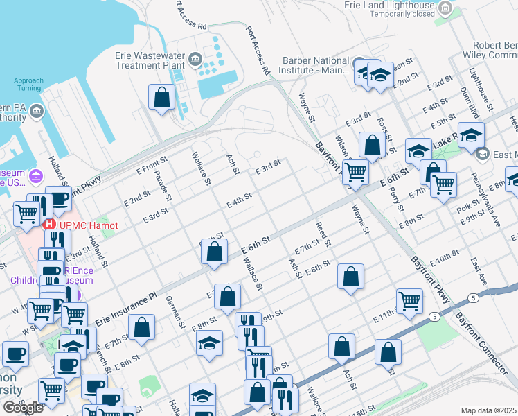 map of restaurants, bars, coffee shops, grocery stores, and more near 553 East 5th Street in Erie