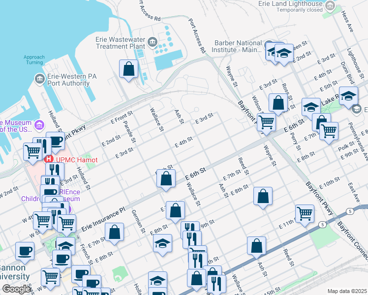 map of restaurants, bars, coffee shops, grocery stores, and more near 520 East 5th Street in Erie