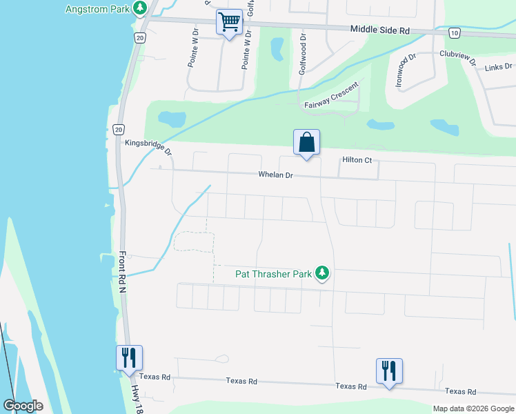 map of restaurants, bars, coffee shops, grocery stores, and more near 55 Whelan Drive in Amherstburg