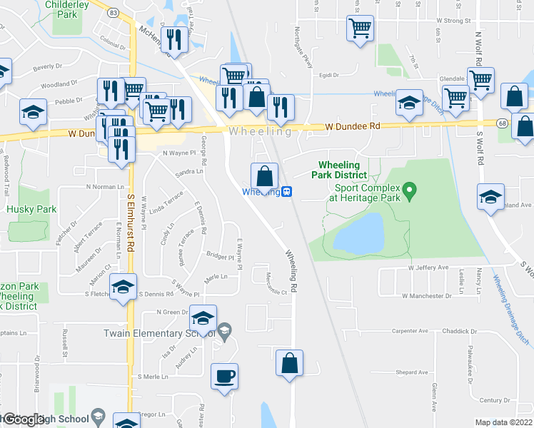 map of restaurants, bars, coffee shops, grocery stores, and more near 171 Wheeling Road in Wheeling