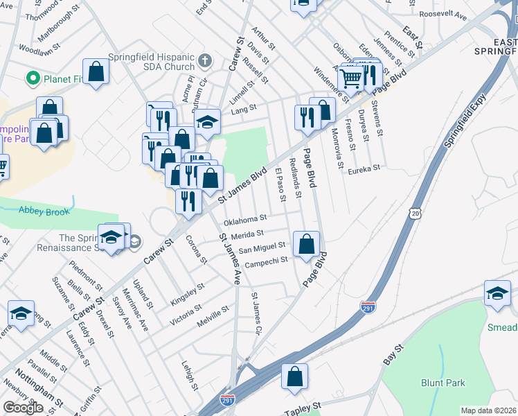 map of restaurants, bars, coffee shops, grocery stores, and more near 117 Oklahoma Street in Springfield