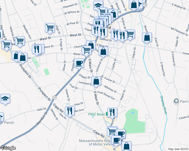 map of restaurants, bars, coffee shops, grocery stores, and more near 23 Chapin Street in Milford