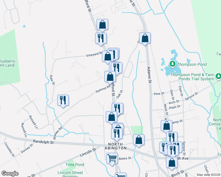 map of restaurants, bars, coffee shops, grocery stores, and more near 1121 Bedford Street in Abington