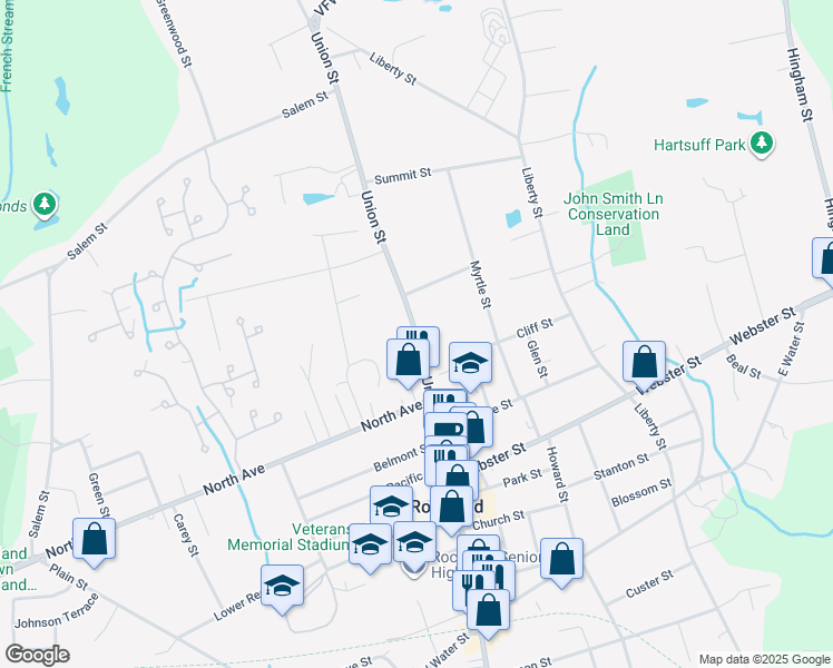 map of restaurants, bars, coffee shops, grocery stores, and more near 471 Union Street in Rockland