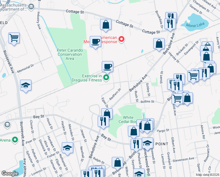 map of restaurants, bars, coffee shops, grocery stores, and more near 60 Redfern Drive in Springfield
