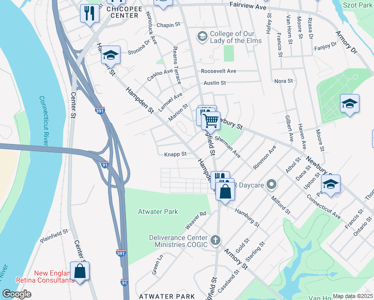 map of restaurants, bars, coffee shops, grocery stores, and more near 11 Marble Avenue in Chicopee