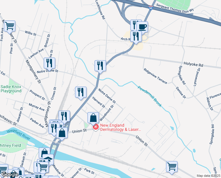 map of restaurants, bars, coffee shops, grocery stores, and more near 71 Notre Dame Street in Westfield