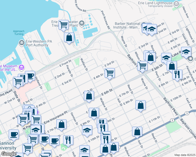 map of restaurants, bars, coffee shops, grocery stores, and more near 520 East 5th Street in Erie