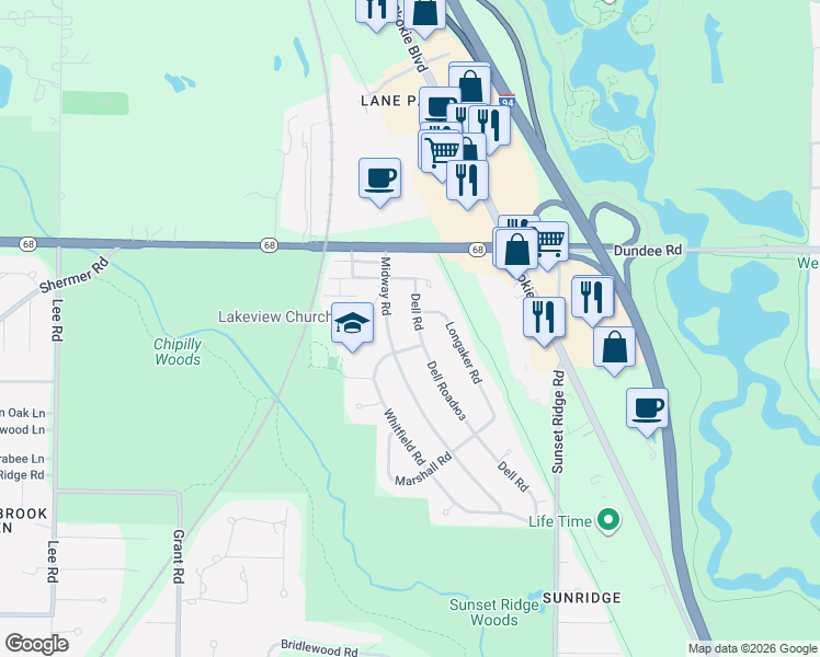 map of restaurants, bars, coffee shops, grocery stores, and more near 1003 Dell Road in Northbrook