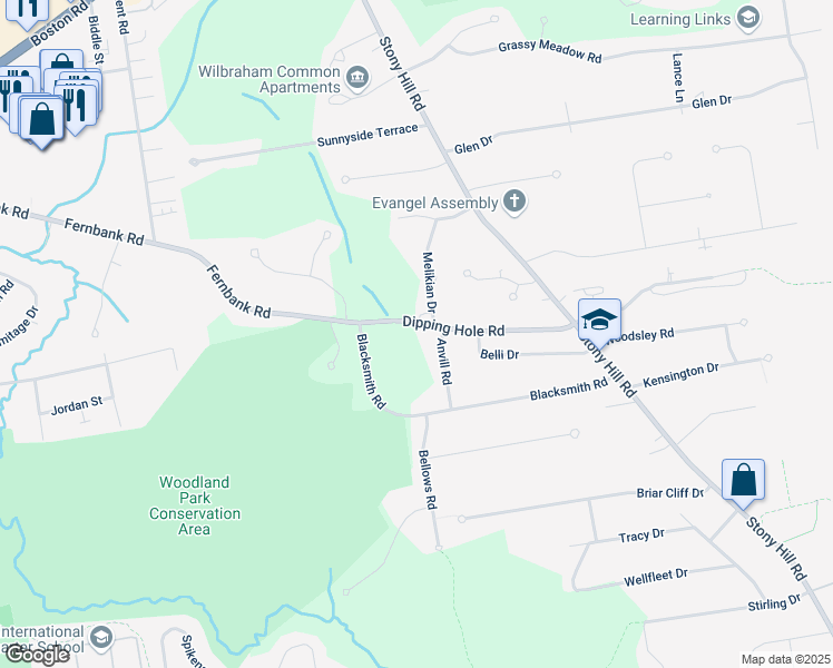 map of restaurants, bars, coffee shops, grocery stores, and more near 451 Dipping Hole Road in Wilbraham