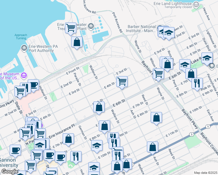 map of restaurants, bars, coffee shops, grocery stores, and more near 520 East 5th Street in Erie