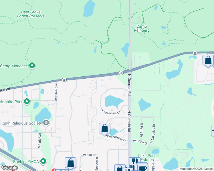 map of restaurants, bars, coffee shops, grocery stores, and more near 1265 North Lakeview Drive in Palatine