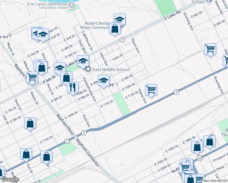 map of restaurants, bars, coffee shops, grocery stores, and more near 933 Fulton Street in Erie