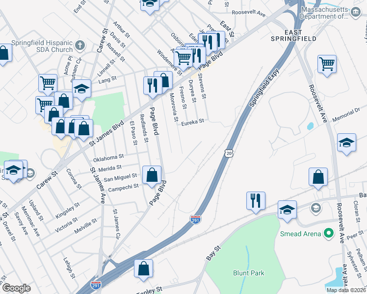 map of restaurants, bars, coffee shops, grocery stores, and more near 305 Monrovia Street in Springfield