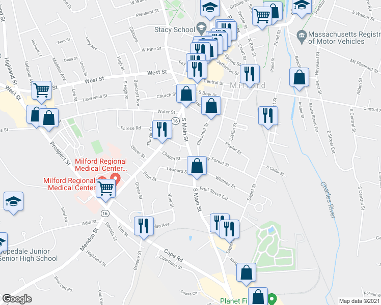 map of restaurants, bars, coffee shops, grocery stores, and more near 38 South Main Street in Milford