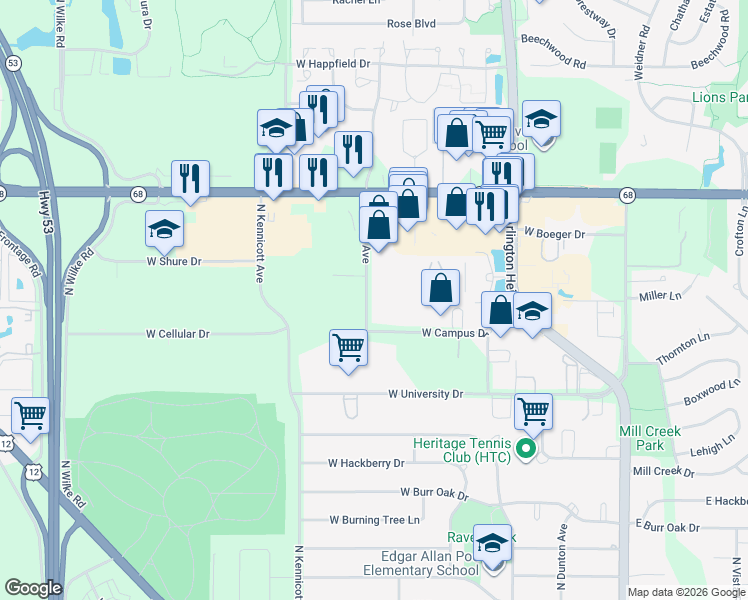 map of restaurants, bars, coffee shops, grocery stores, and more near 3323 North Ridge Avenue in Arlington Heights