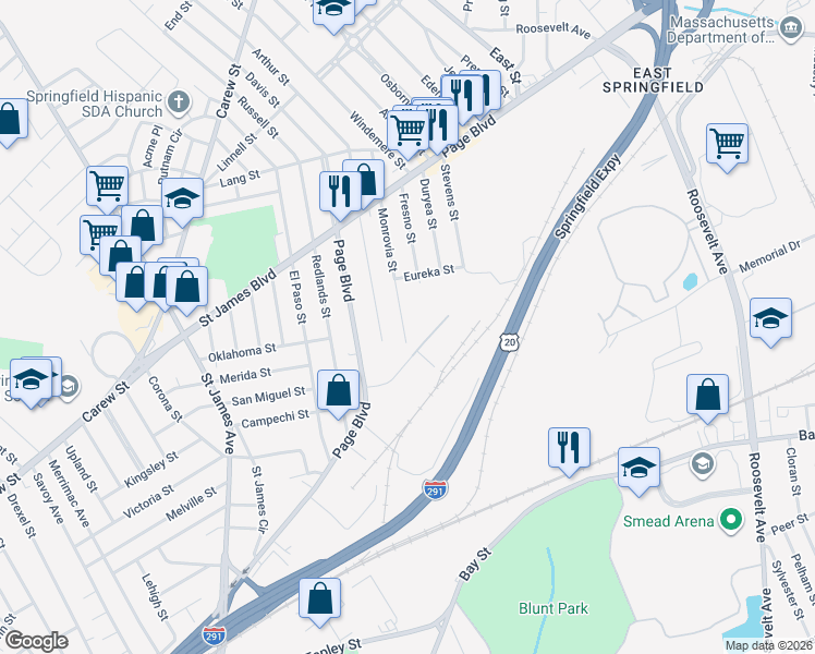 map of restaurants, bars, coffee shops, grocery stores, and more near 305 Monrovia Street in Springfield