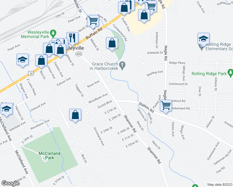 map of restaurants, bars, coffee shops, grocery stores, and more near 2617 Station Rd in Erie