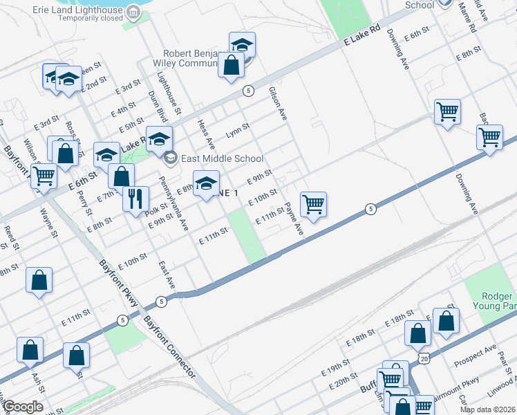 map of restaurants, bars, coffee shops, grocery stores, and more near 1301-1399 E 11th St in Erie