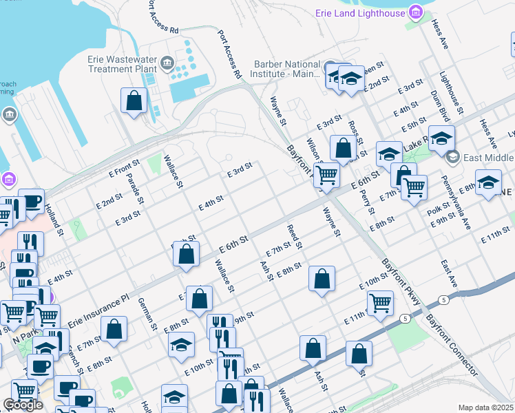 map of restaurants, bars, coffee shops, grocery stores, and more near 626 East 6th Street in Erie